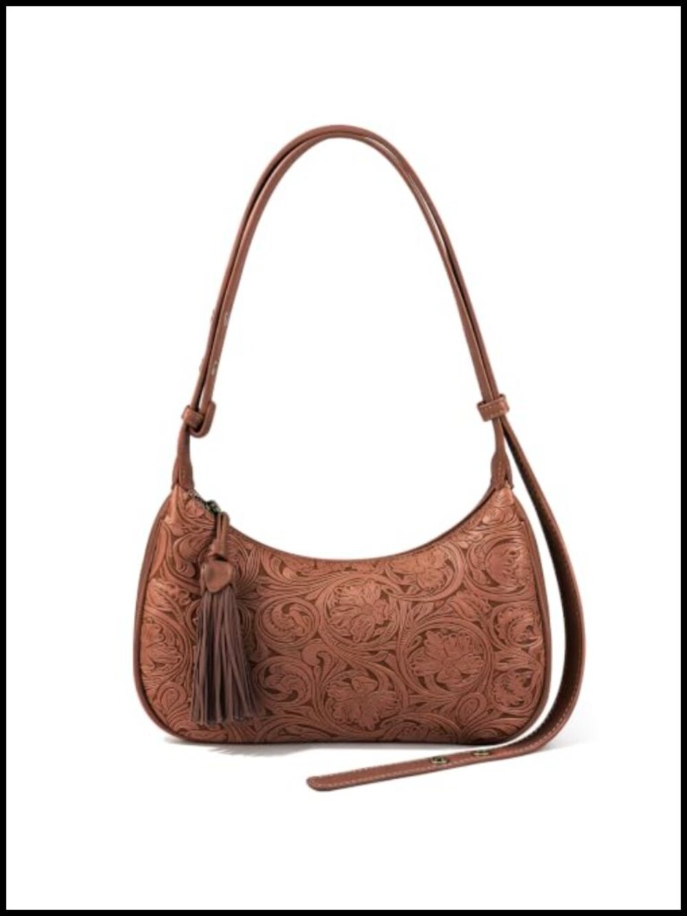 Vegan Leather Hobo Shoulder Bag Floral Embossed Crossbody Purse Tassel
